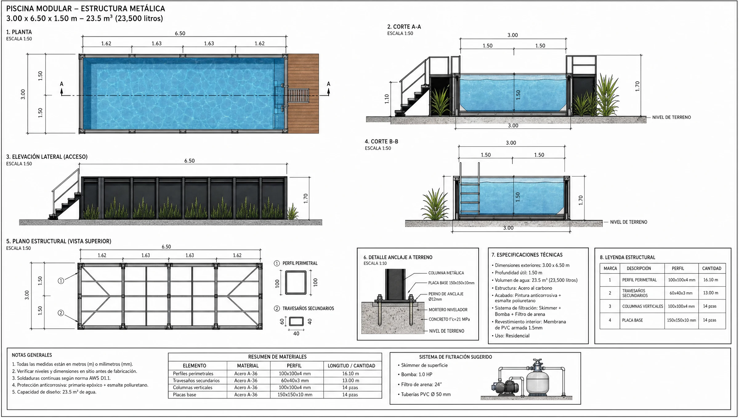 Plano Piscina Modular Compacta 3 x 6.5 m